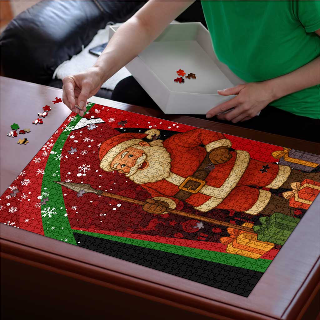 Kenya Christmas Puzzle with Santa Claus Spear and Red Green Harambee Crest - Wonder Print Shop