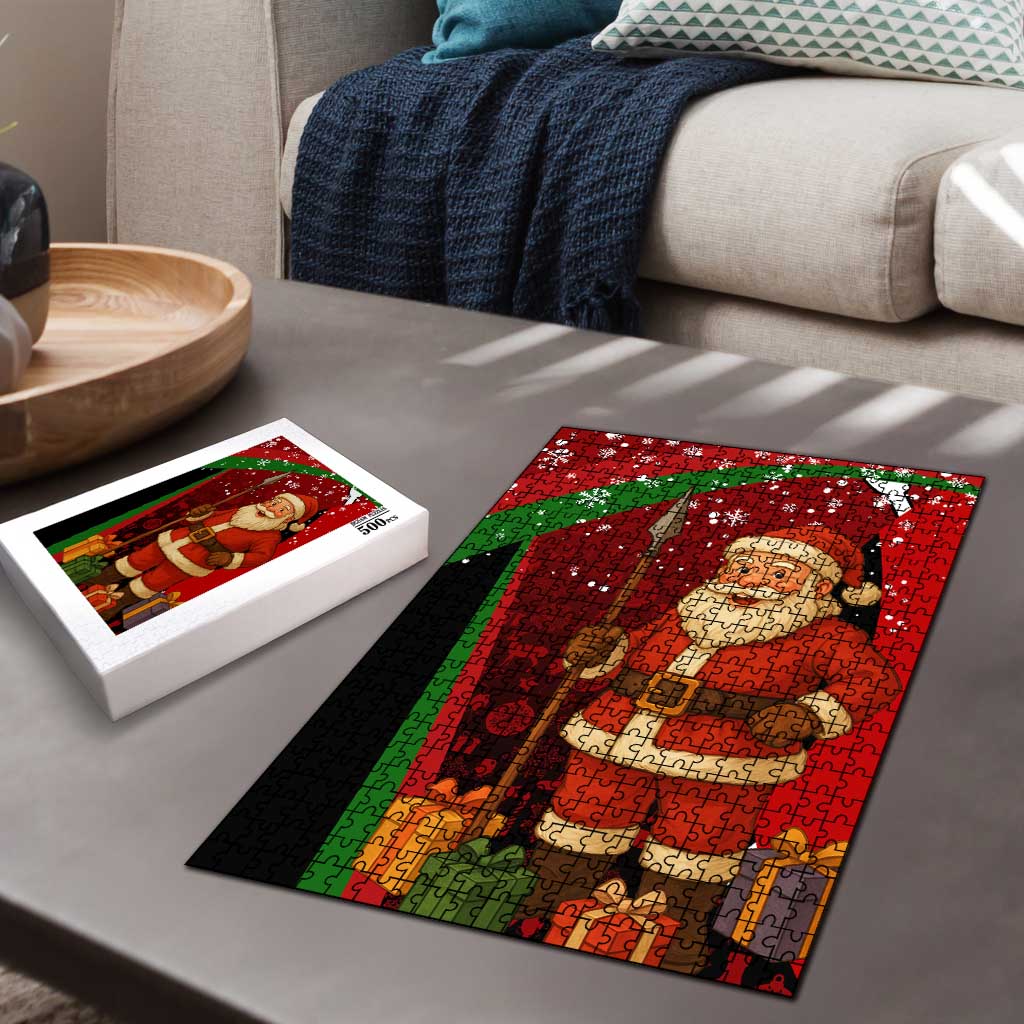 Kenya Christmas Puzzle with Santa Claus Spear and Red Green Harambee Crest - Wonder Print Shop