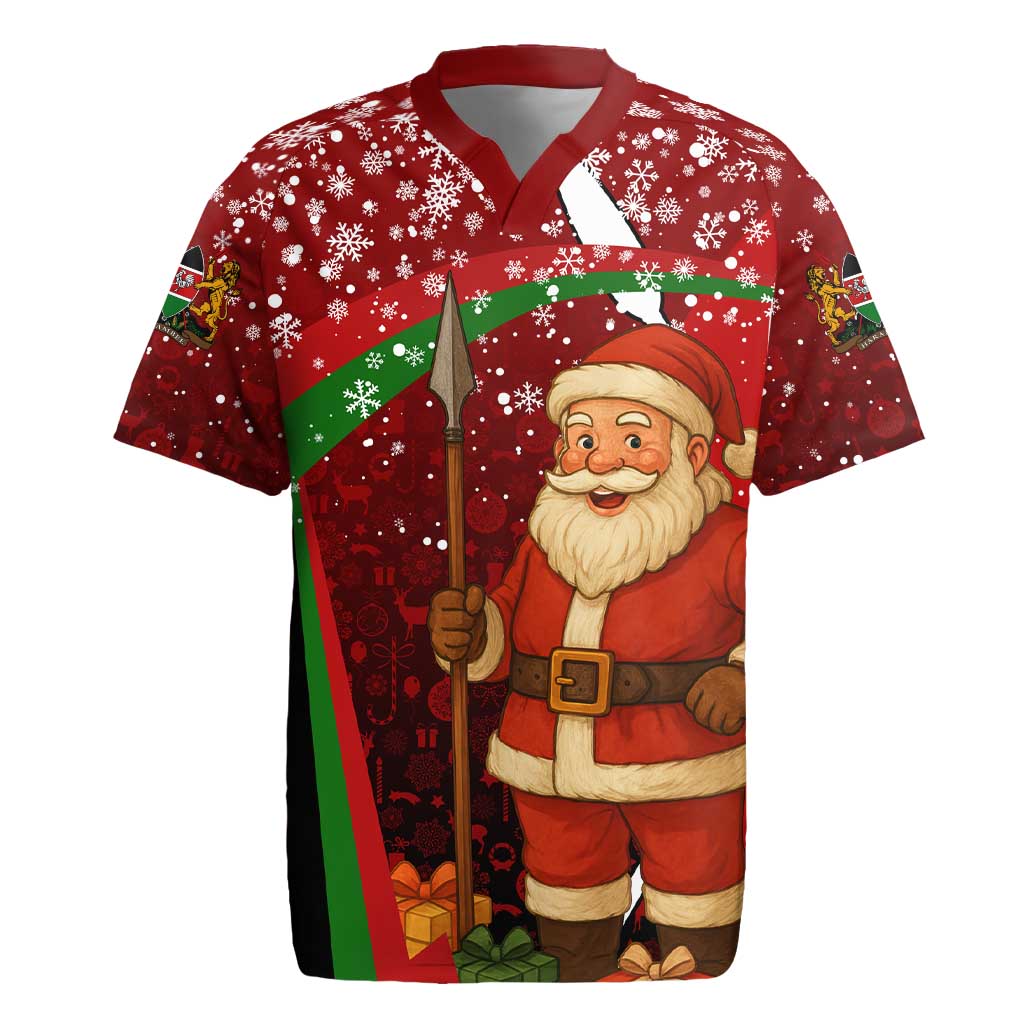 Kenya Christmas Rugby Jersey with Santa Claus Spear and Red Green Harambee Crest - Wonder Print Shop
