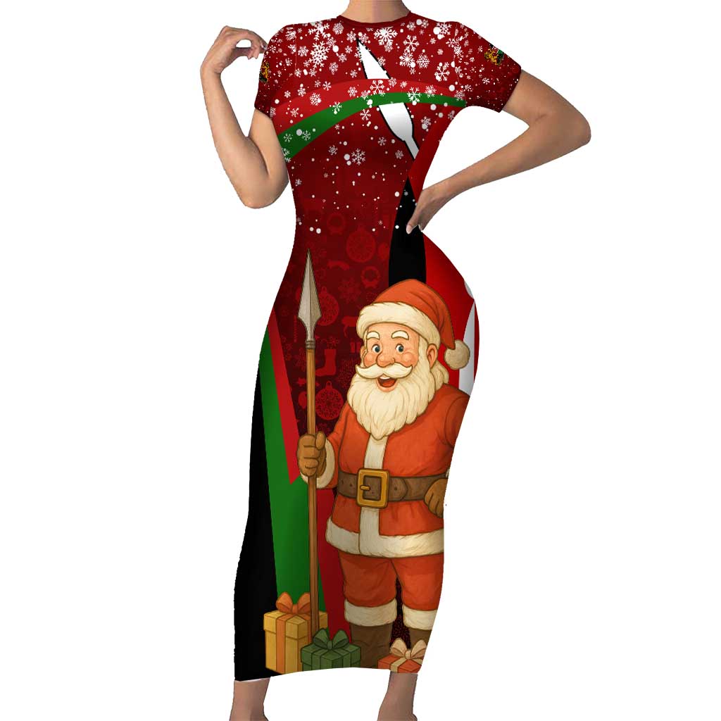 Kenya Christmas Short Sleeve Bodycon Dress with Santa Claus Spear and Red Green Harambee Crest - Wonder Print Shop