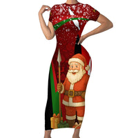 Kenya Christmas Short Sleeve Bodycon Dress with Santa Claus Spear and Red Green Harambee Crest - Wonder Print Shop