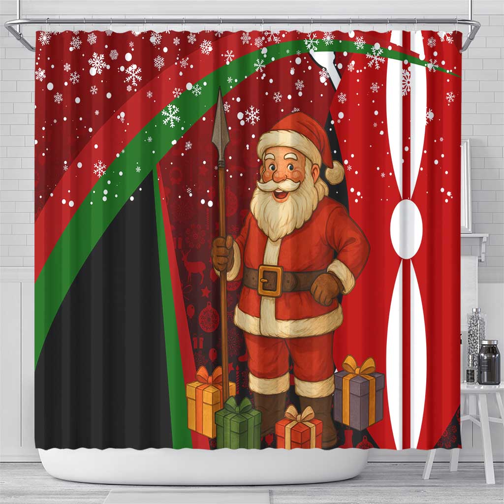 Kenya Christmas Shower Curtain with Santa Claus Spear and Red Green Harambee Crest - Wonder Print Shop