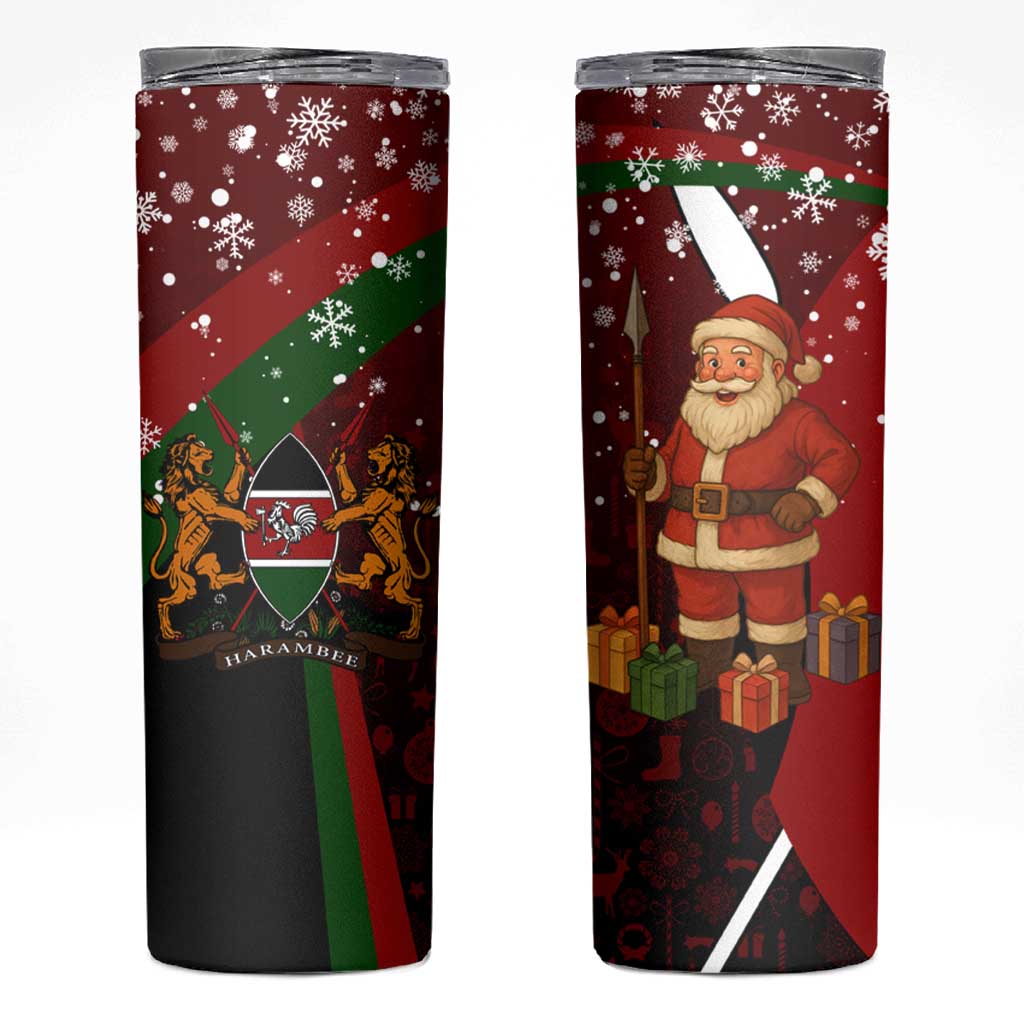 Kenya Christmas Skinny Tumbler with Santa Claus Spear and Red Green Harambee Crest - Wonder Print Shop