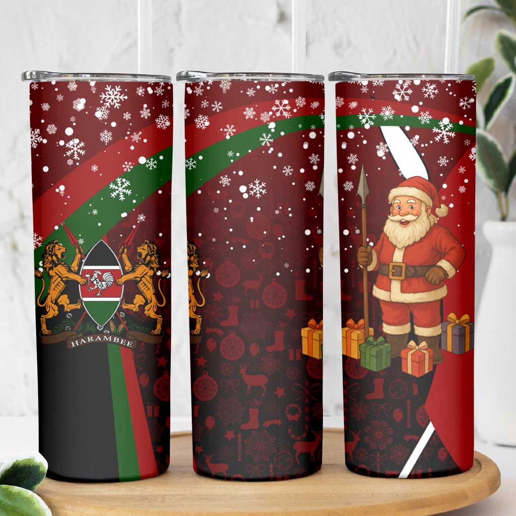 Kenya Christmas Skinny Tumbler with Santa Claus Spear and Red Green Harambee Crest - Wonder Print Shop