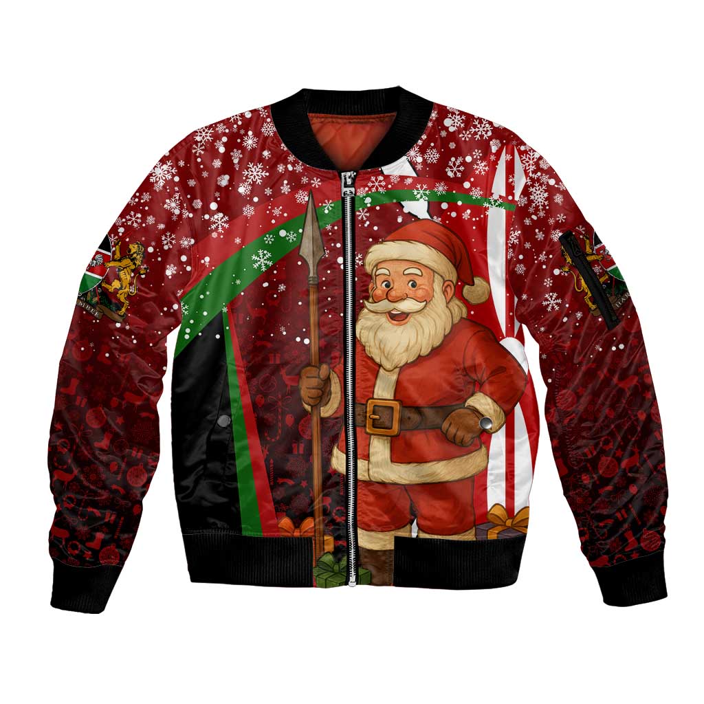 Kenya Christmas Sleeve Zip Bomber Jacket with Santa Claus Spear and Red Green Harambee Crest - Wonder Print Shop