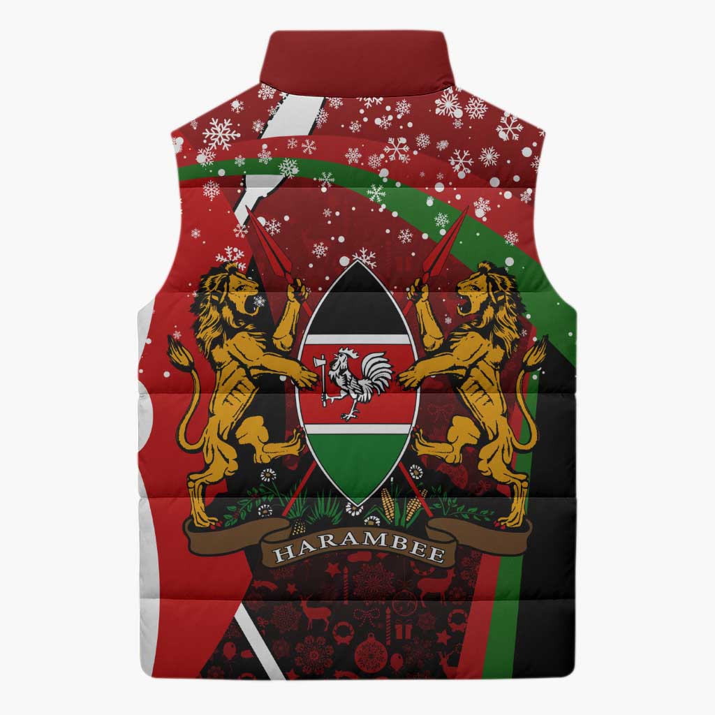 Kenya Christmas Sleeveless Puffer Jacket with Santa Claus Spear and Red Green Harambee Crest - Wonder Print Shop