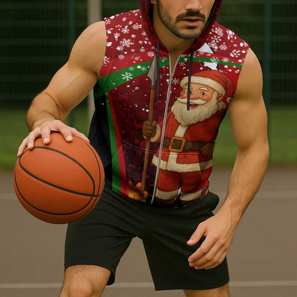Kenya Christmas Sleeveless Zip Hoodie with Santa Claus Spear and Red Green Harambee Crest - Wonder Print Shop
