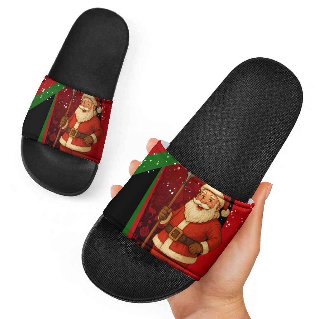Kenya Christmas Slide Sandals with Santa Claus Spear and Red Green Harambee Crest - Wonder Print Shop