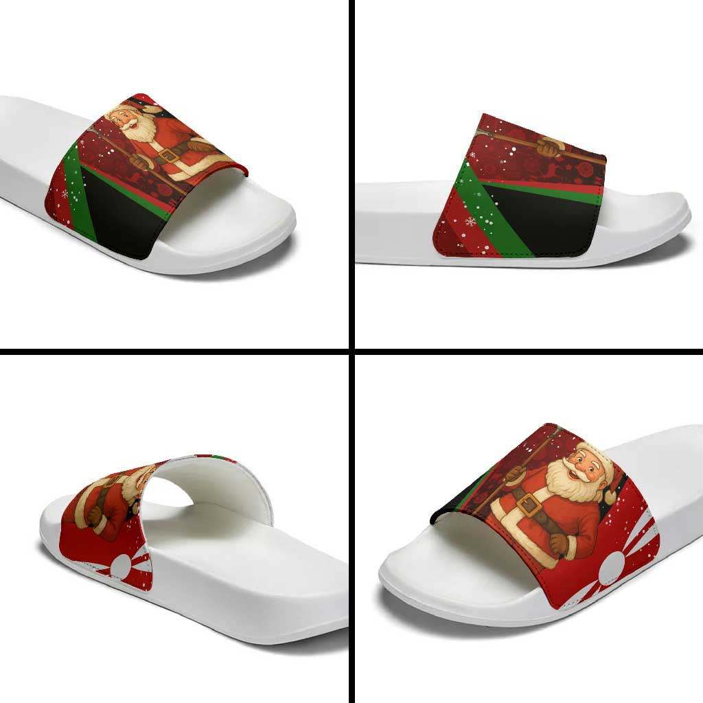 Kenya Christmas Slide Sandals with Santa Claus Spear and Red Green Harambee Crest - Wonder Print Shop