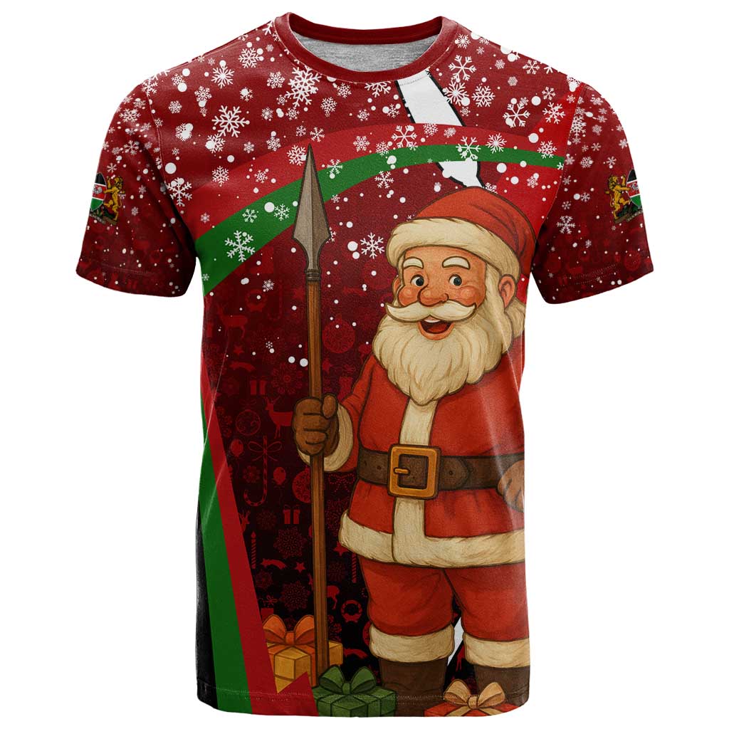 Kenya Christmas T Shirt with Santa Claus Spear and Red Green Harambee Crest - Wonder Print Shop