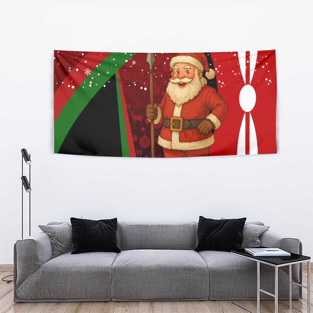 Kenya Christmas Tapestry with Santa Claus Spear and Red Green Harambee Crest - Wonder Print Shop