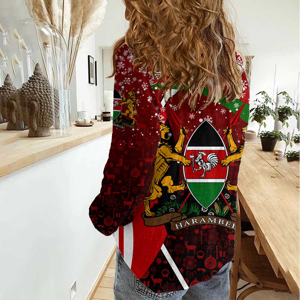 Kenya Christmas Women Casual Shirt with Santa Claus Spear and Red Green Harambee Crest - Wonder Print Shop