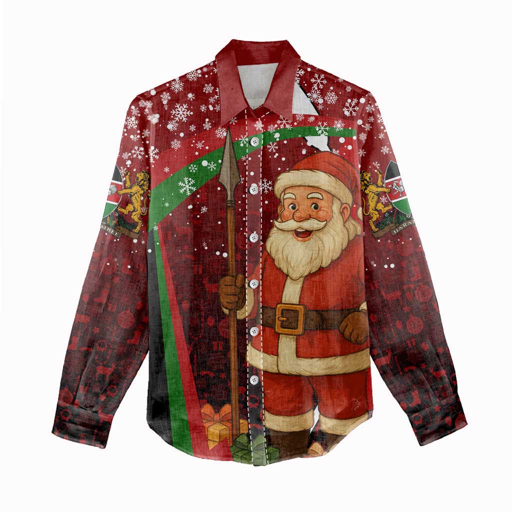 Kenya Christmas Women Casual Shirt with Santa Claus Spear and Red Green Harambee Crest - Wonder Print Shop