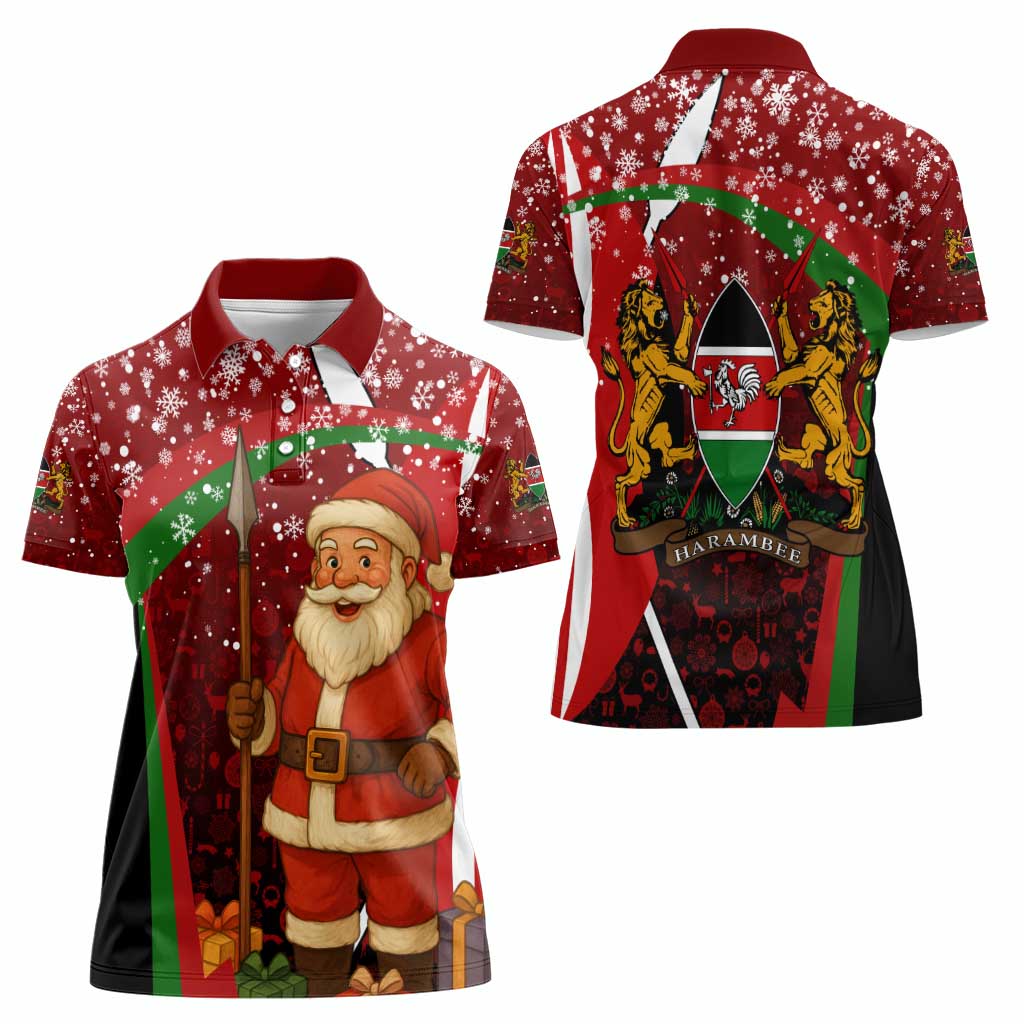 Kenya Christmas Women Polo Shirt with Santa Claus Spear and Red Green Harambee Crest - Wonder Print Shop