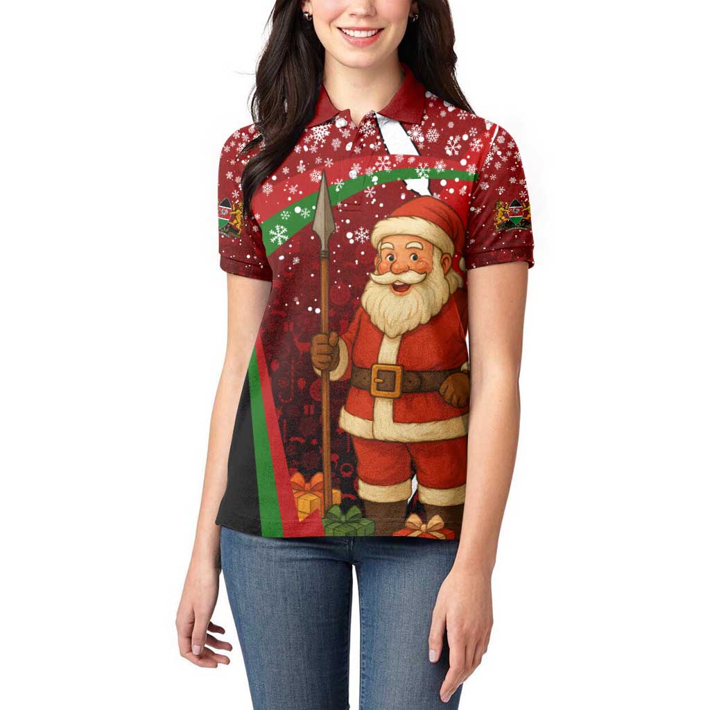 Kenya Christmas Women Polo Shirt with Santa Claus Spear and Red Green Harambee Crest - Wonder Print Shop