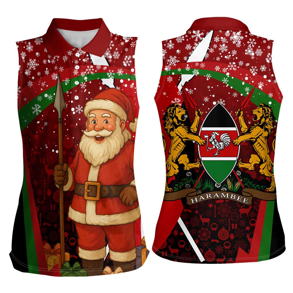 Kenya Christmas Women Sleeveless Polo Shirt with Santa Claus Spear and Red Green Harambee Crest - Wonder Print Shop