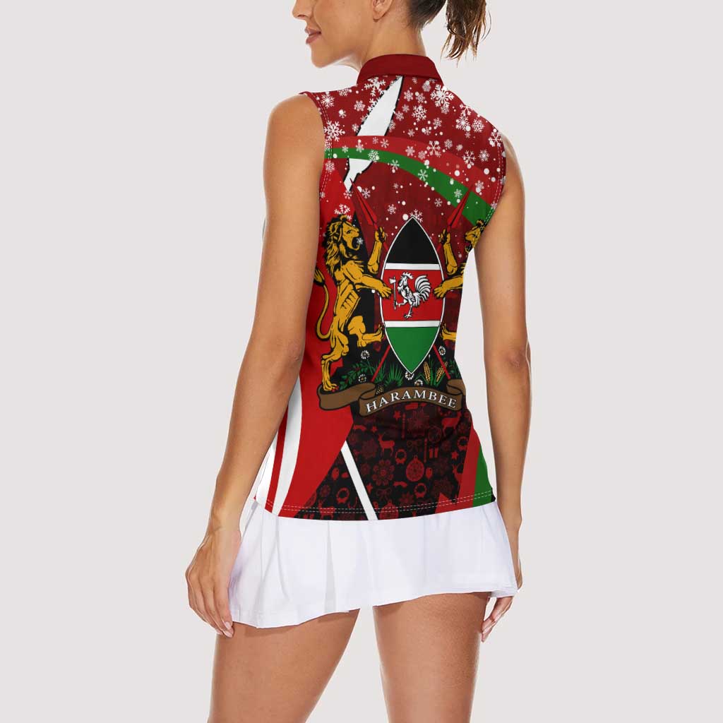 Kenya Christmas Women Sleeveless Polo Shirt with Santa Claus Spear and Red Green Harambee Crest - Wonder Print Shop