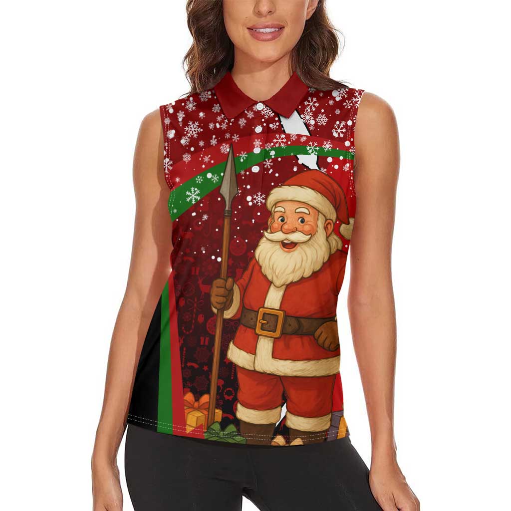 Kenya Christmas Women Sleeveless Polo Shirt with Santa Claus Spear and Red Green Harambee Crest - Wonder Print Shop