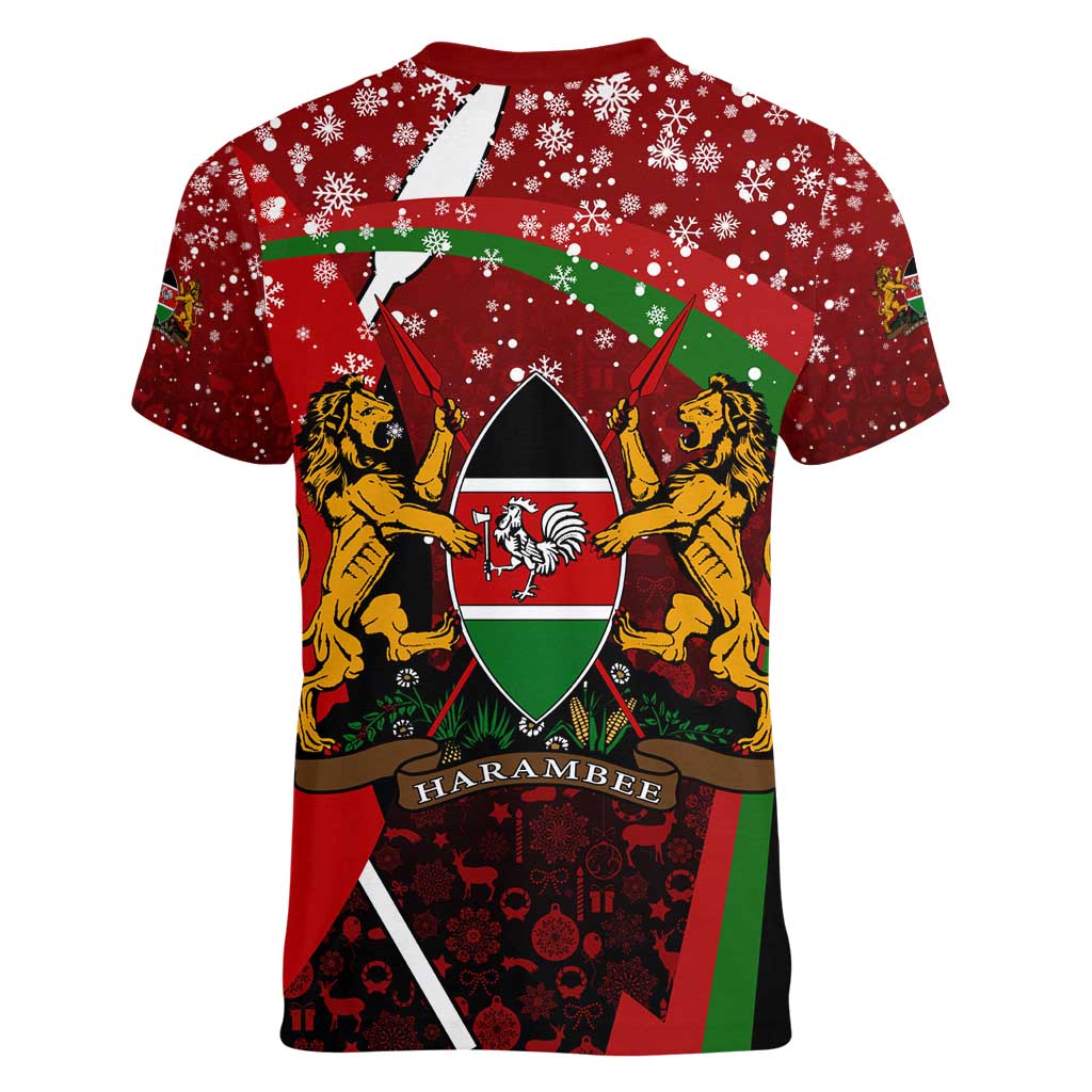 Kenya Christmas Women V-Neck T-Shirt with Santa Claus Spear and Red Green Harambee Crest - Wonder Print Shop