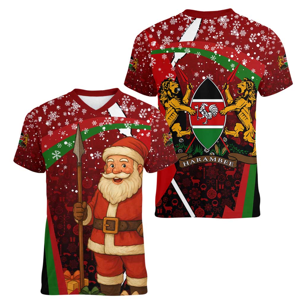 Kenya Christmas Women V-Neck T-Shirt with Santa Claus Spear and Red Green Harambee Crest - Wonder Print Shop