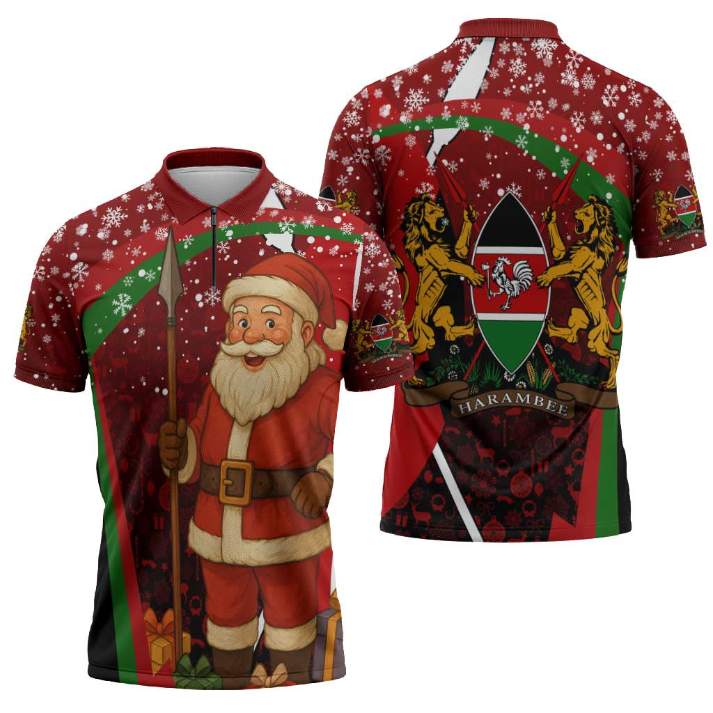 Kenya Christmas Zipper Polo Shirt with Santa Claus Spear and Red Green Harambee Crest - Wonder Print Shop
