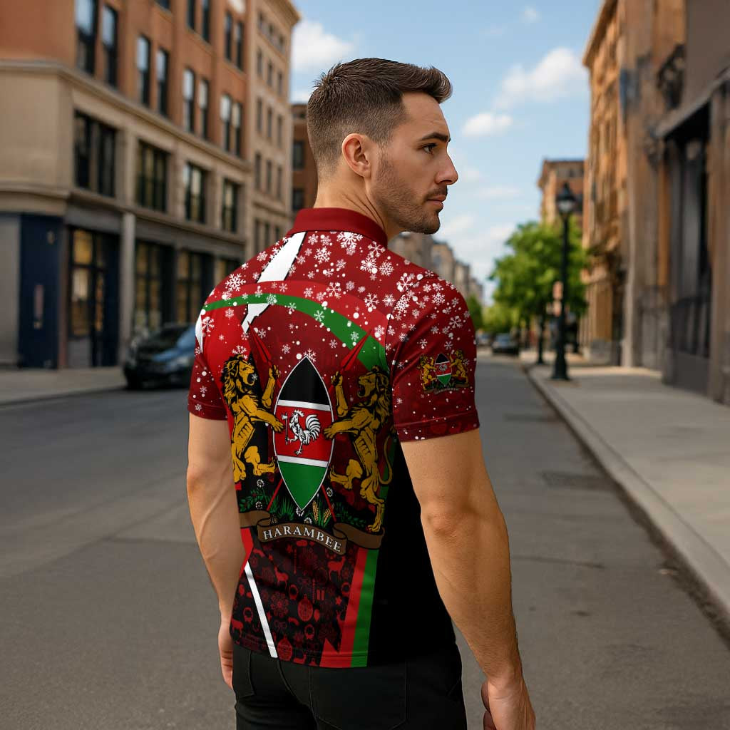 Kenya Christmas Zipper Polo Shirt with Santa Claus Spear and Red Green Harambee Crest - Wonder Print Shop