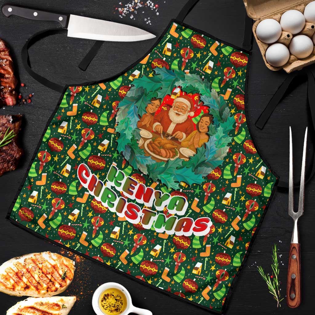 Kenya Christmas Apron with Santa Feast Scene and Festive Wreath Pattern - Wonder Print Shop