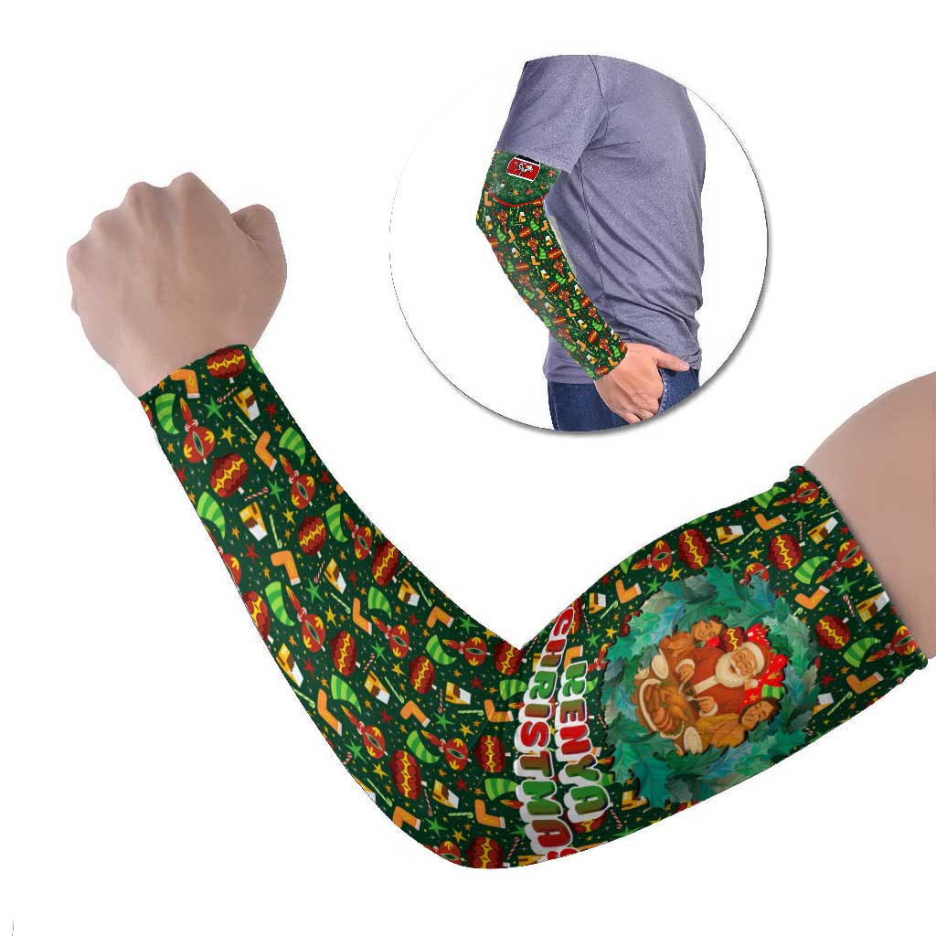 Kenya Christmas Arm Sleeves with Santa Feast Scene and Festive Wreath Pattern - Wonder Print Shop