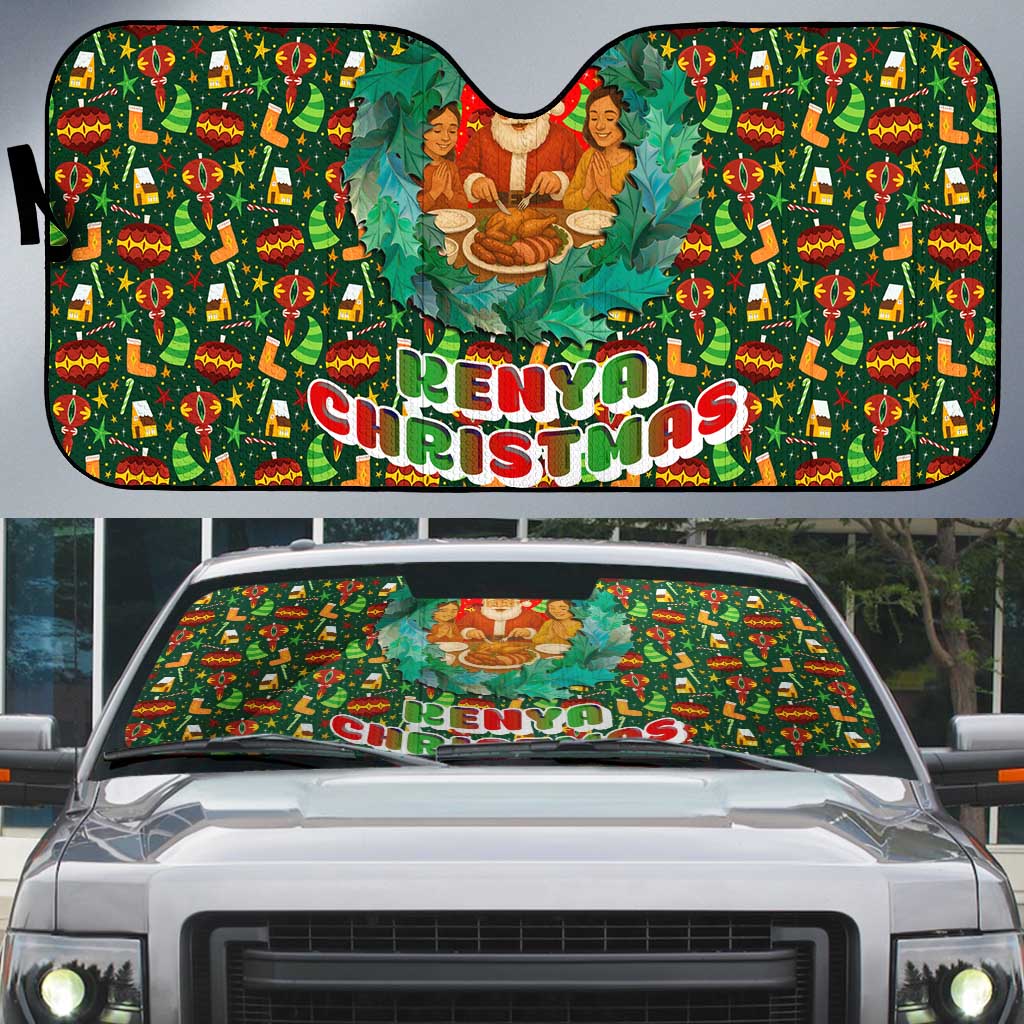 Kenya Christmas Auto Sun Shade with Santa Feast Scene and Festive Wreath Pattern - Wonder Print Shop