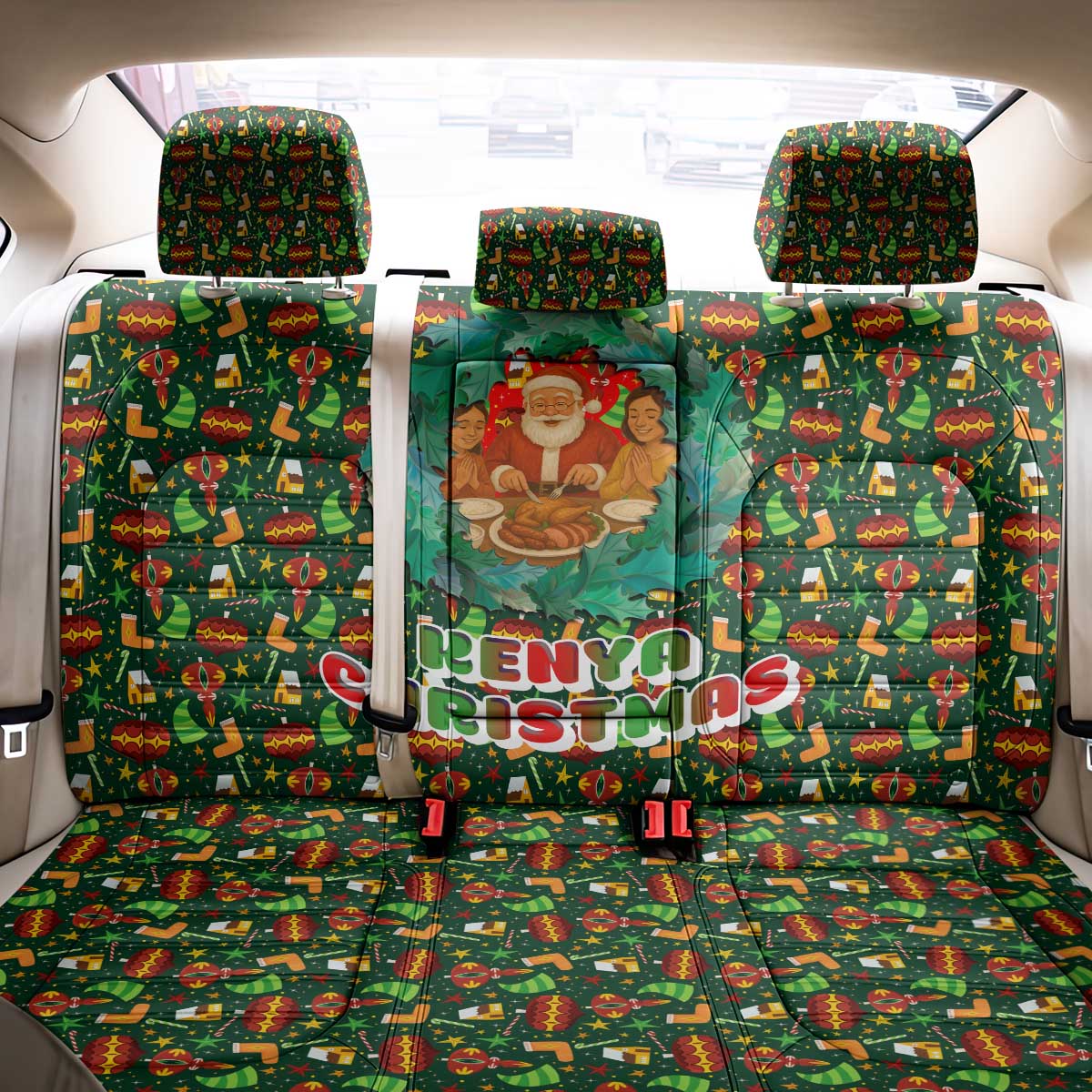 Kenya Christmas Back Car Seat Cover with Santa Feast Scene and Festive Wreath Pattern - Wonder Print Shop