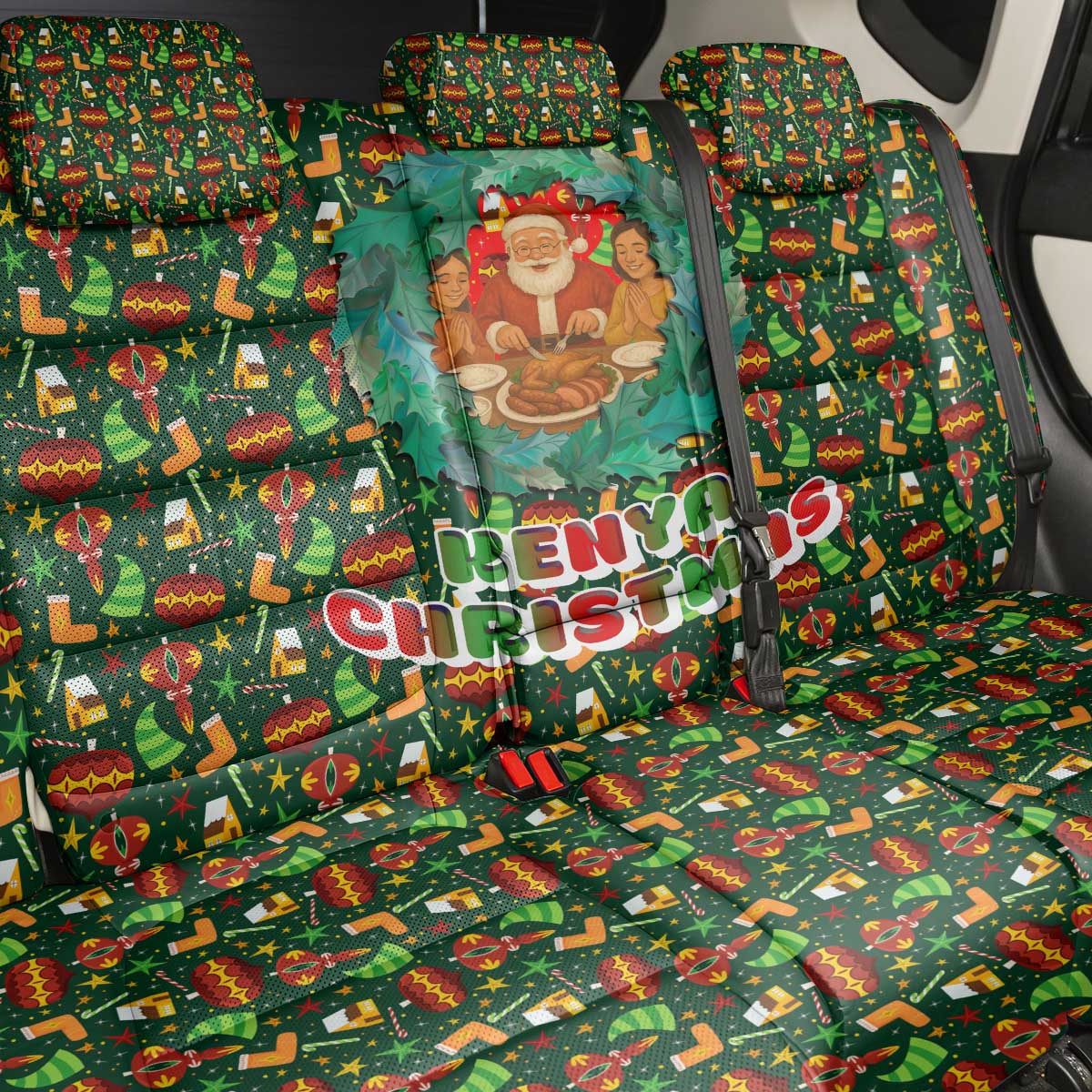 Kenya Christmas Back Car Seat Cover with Santa Feast Scene and Festive Wreath Pattern - Wonder Print Shop