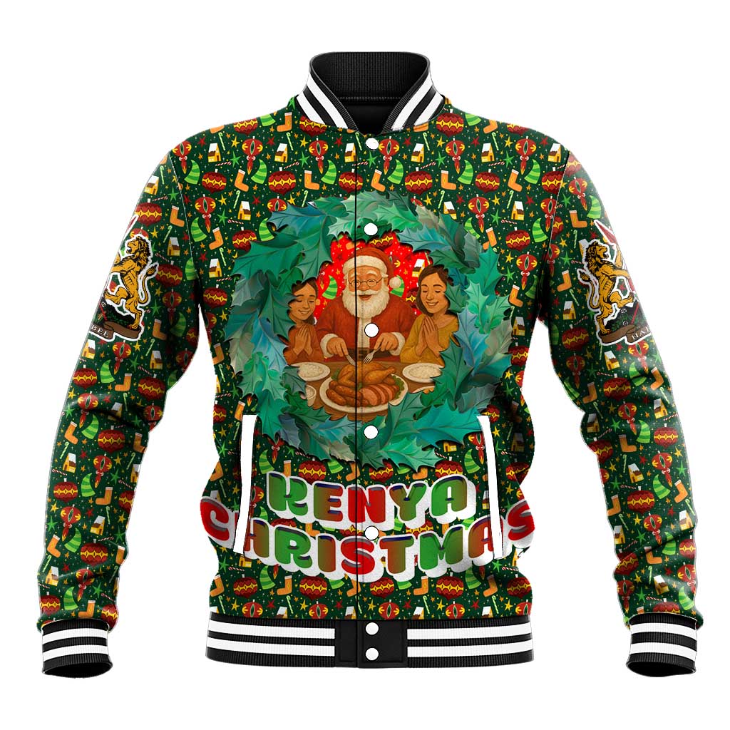 Kenya Christmas Baseball Jacket with Santa Feast Scene and Festive Wreath Pattern - Wonder Print Shop