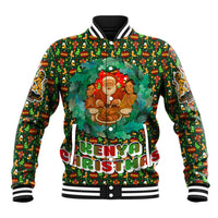 Kenya Christmas Baseball Jacket with Santa Feast Scene and Festive Wreath Pattern - Wonder Print Shop