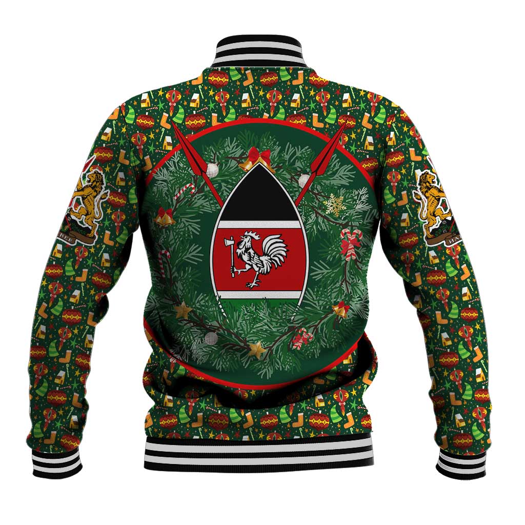 Kenya Christmas Baseball Jacket with Santa Feast Scene and Festive Wreath Pattern - Wonder Print Shop