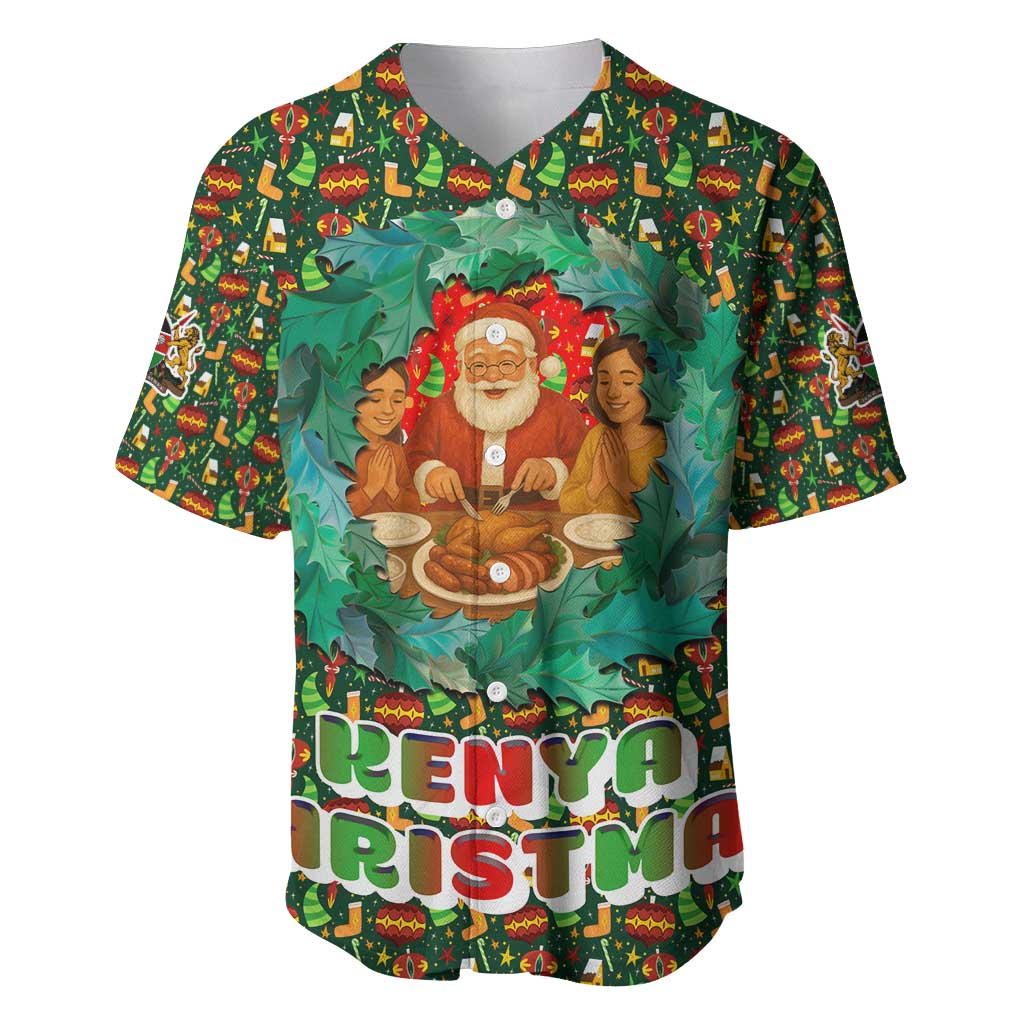 Kenya Christmas Baseball Jersey with Santa Feast Scene and Festive Wreath Pattern - Wonder Print Shop
