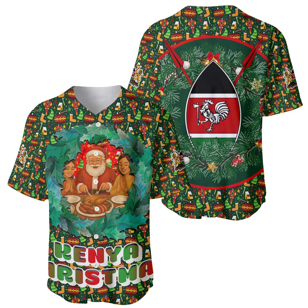 Kenya Christmas Baseball Jersey with Santa Feast Scene and Festive Wreath Pattern - Wonder Print Shop