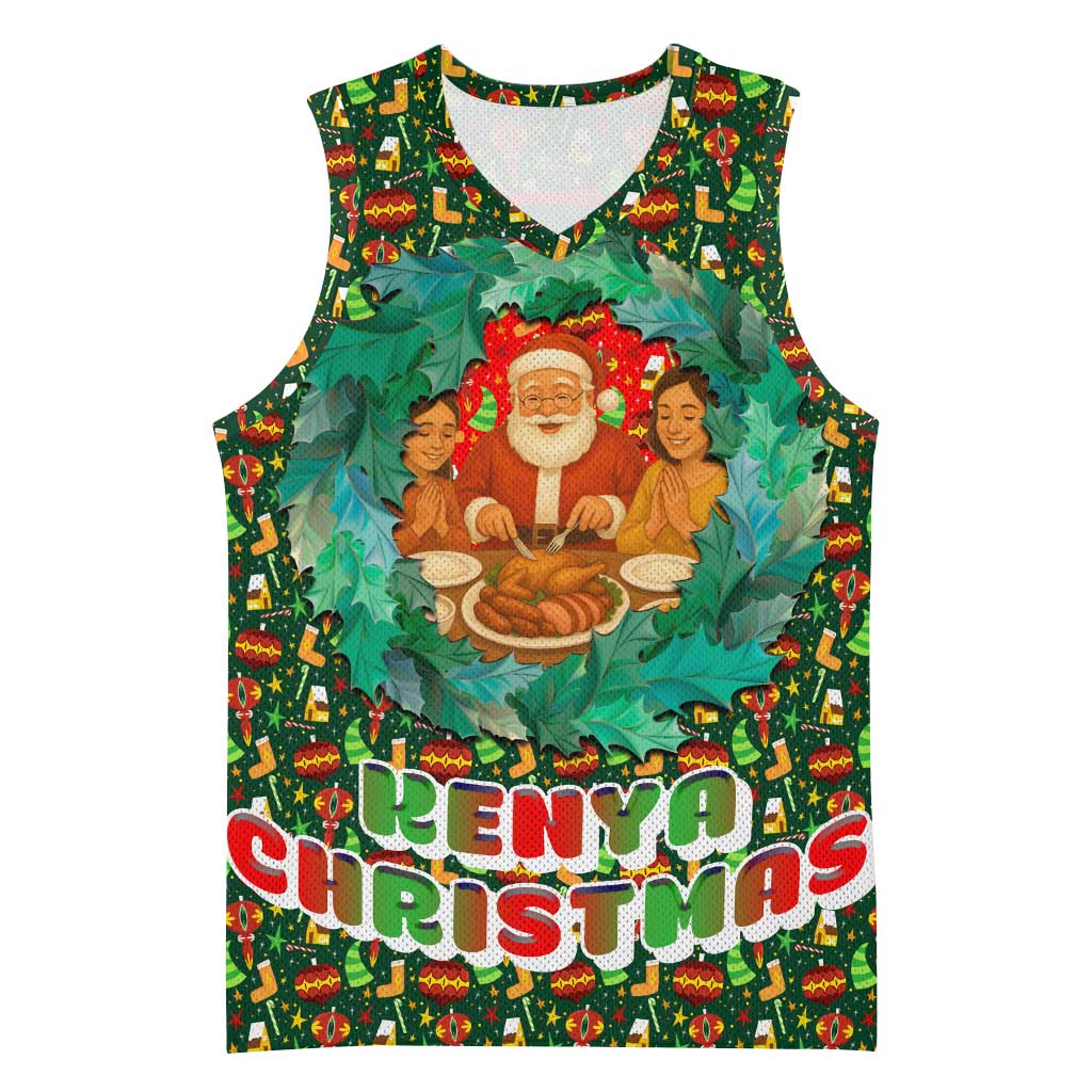 Kenya Christmas Basketball Jersey with Santa Feast Scene and Festive Wreath Pattern - Wonder Print Shop