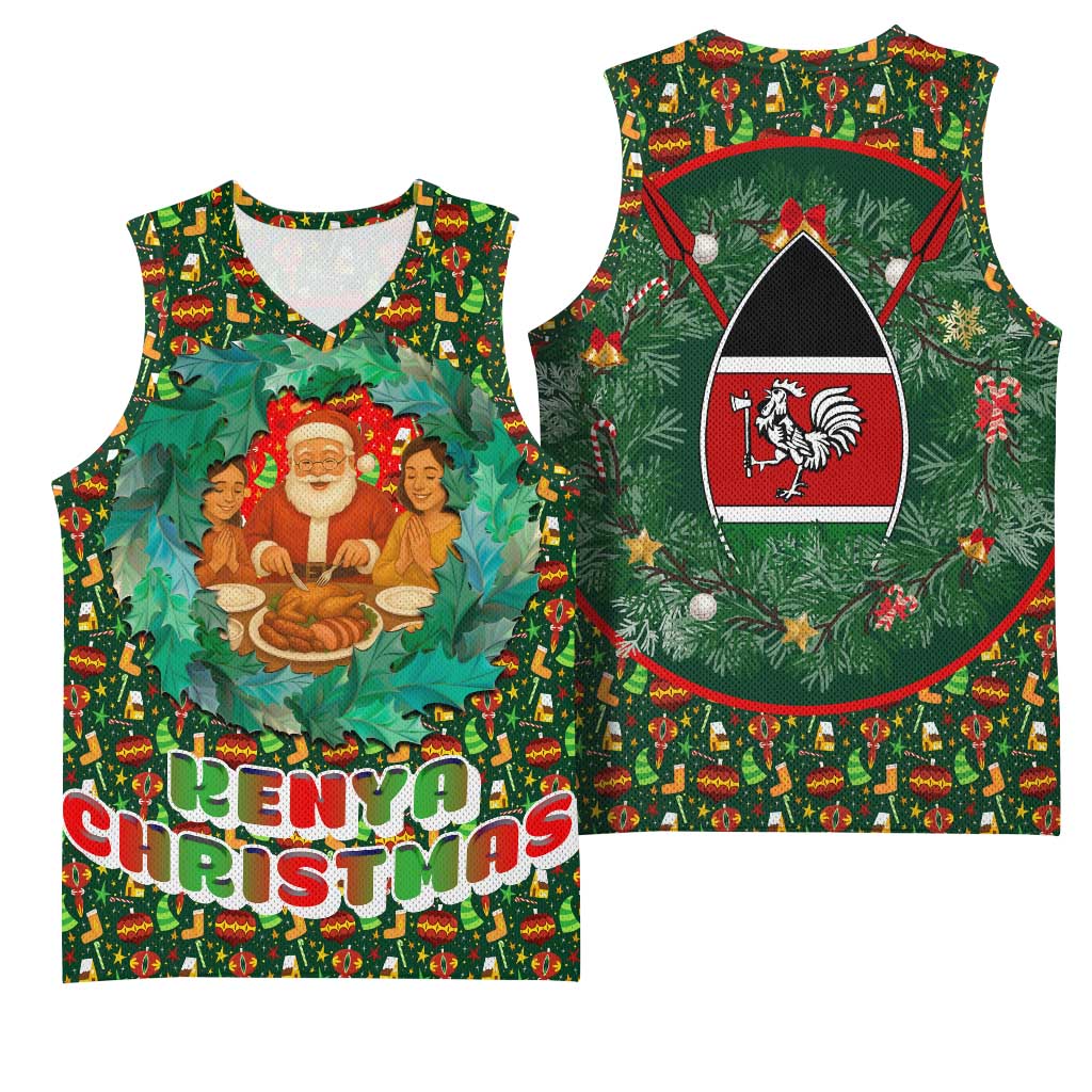 Kenya Christmas Basketball Jersey with Santa Feast Scene and Festive Wreath Pattern - Wonder Print Shop