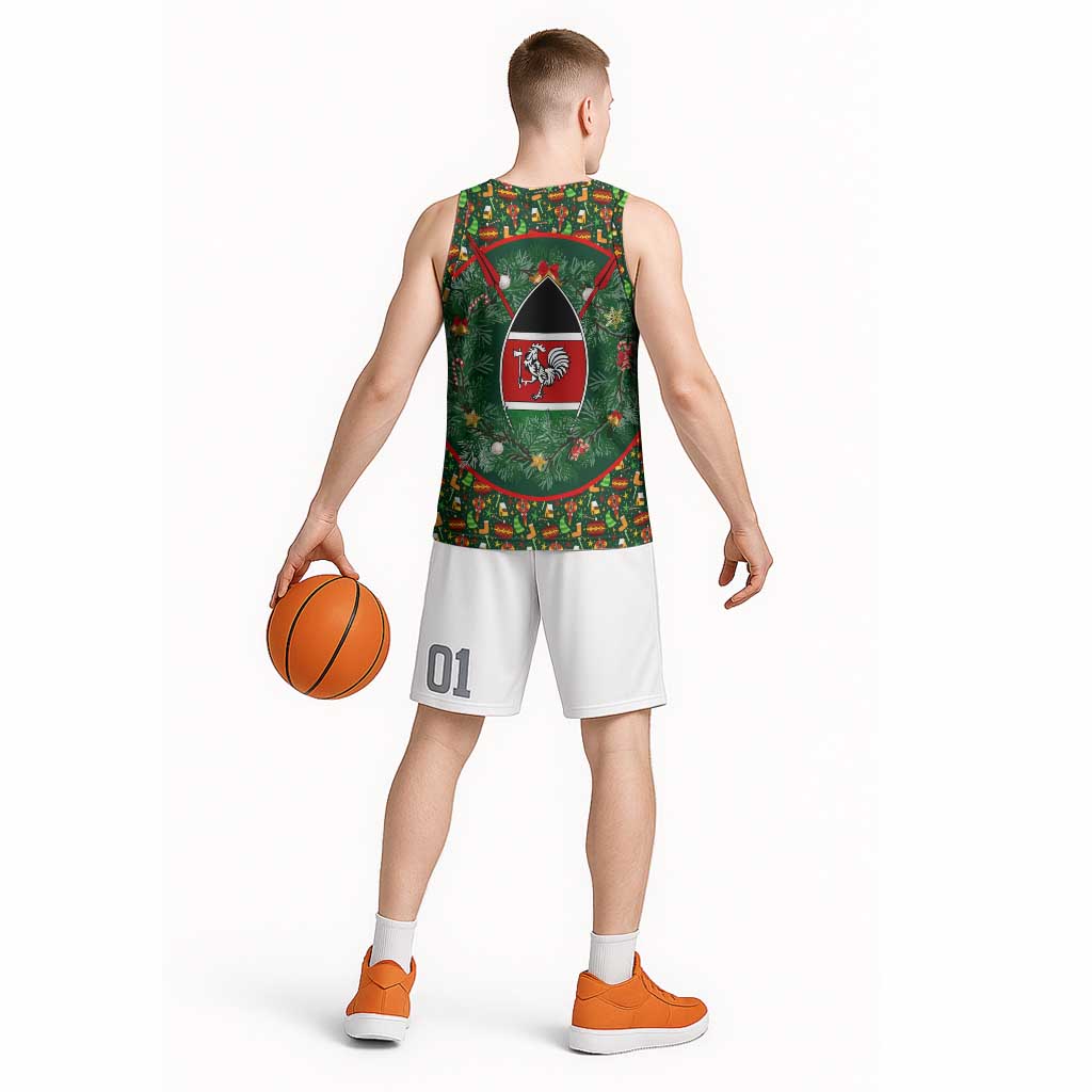 Kenya Christmas Basketball Jersey with Santa Feast Scene and Festive Wreath Pattern - Wonder Print Shop