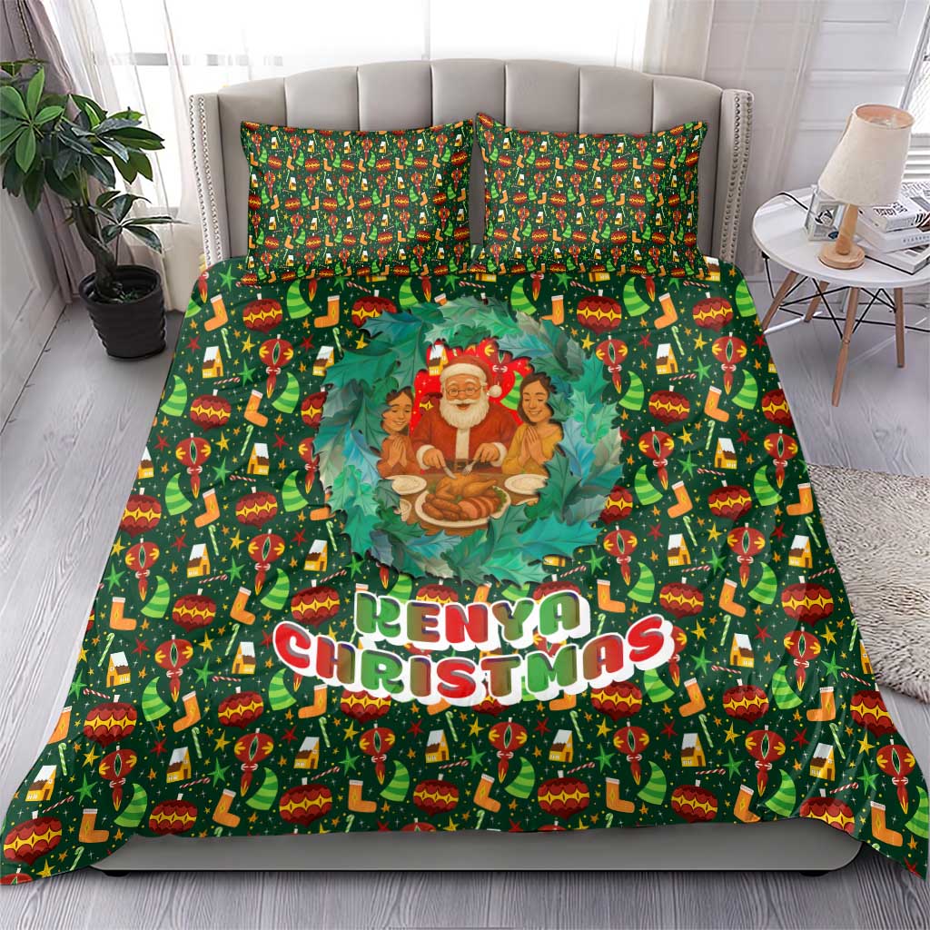Kenya Christmas Bedding Set with Santa Feast Scene and Festive Wreath Pattern - Wonder Print Shop