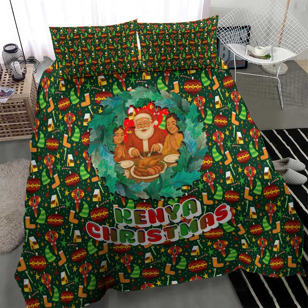 Kenya Christmas Bedding Set with Santa Feast Scene and Festive Wreath Pattern - Wonder Print Shop