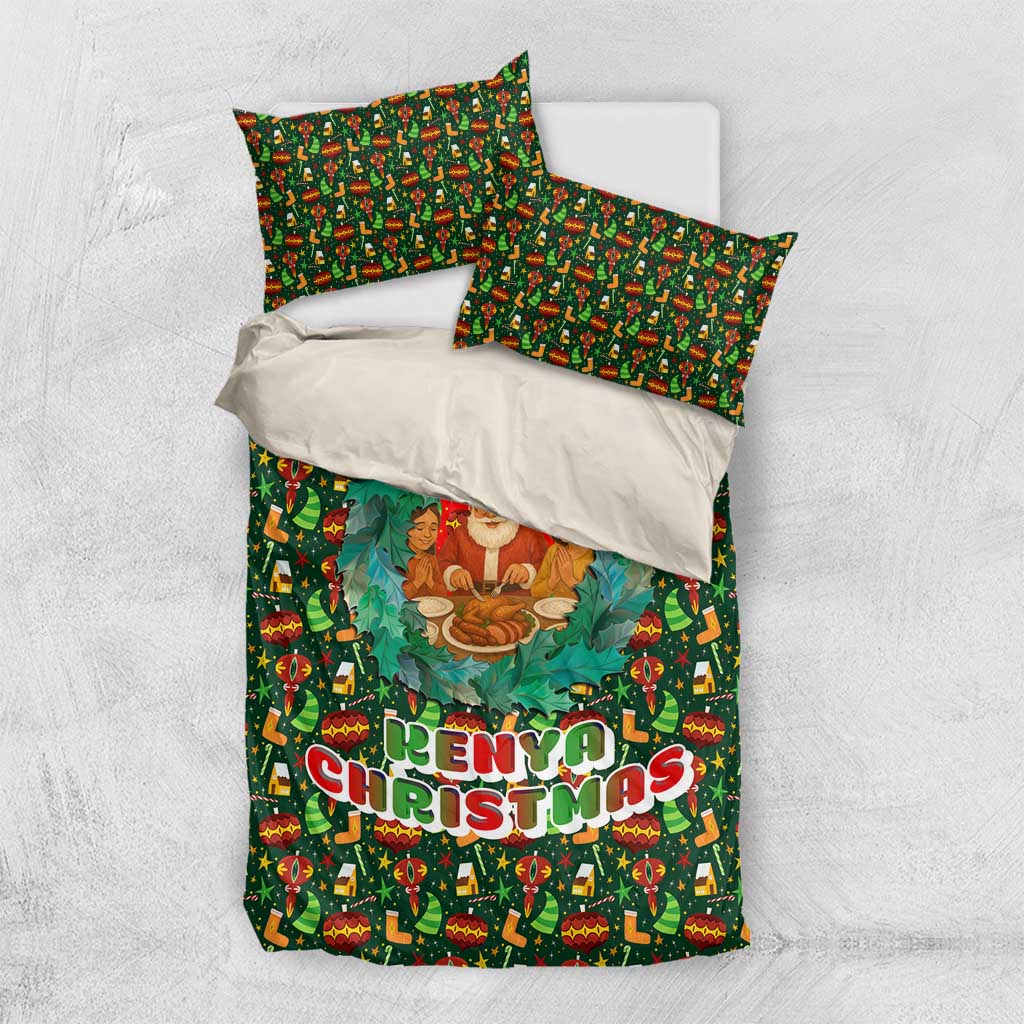 Kenya Christmas Bedding Set with Santa Feast Scene and Festive Wreath Pattern - Wonder Print Shop
