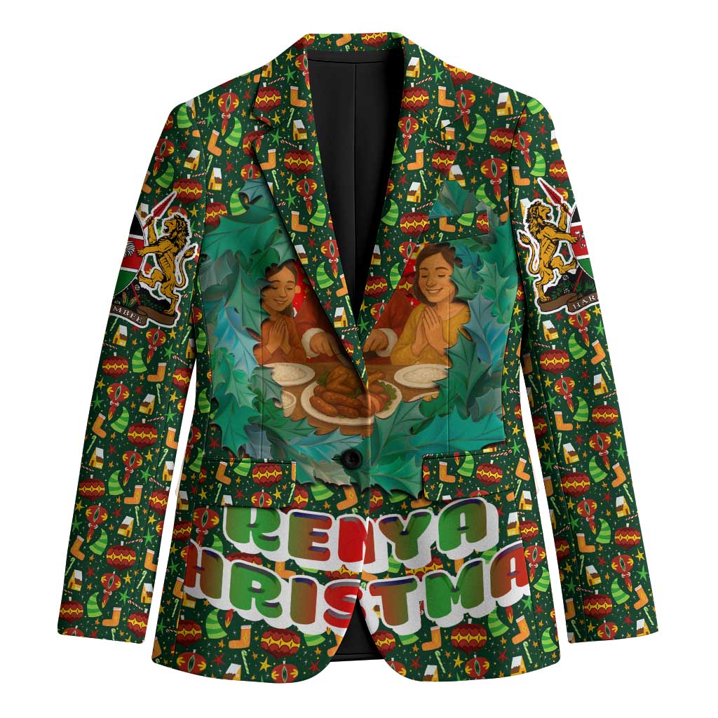 Kenya Christmas Blazer with Santa Feast Scene and Festive Wreath Pattern - Wonder Print Shop
