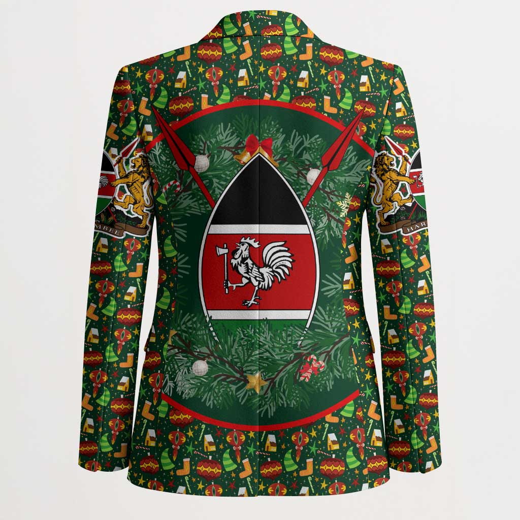 Kenya Christmas Blazer with Santa Feast Scene and Festive Wreath Pattern - Wonder Print Shop