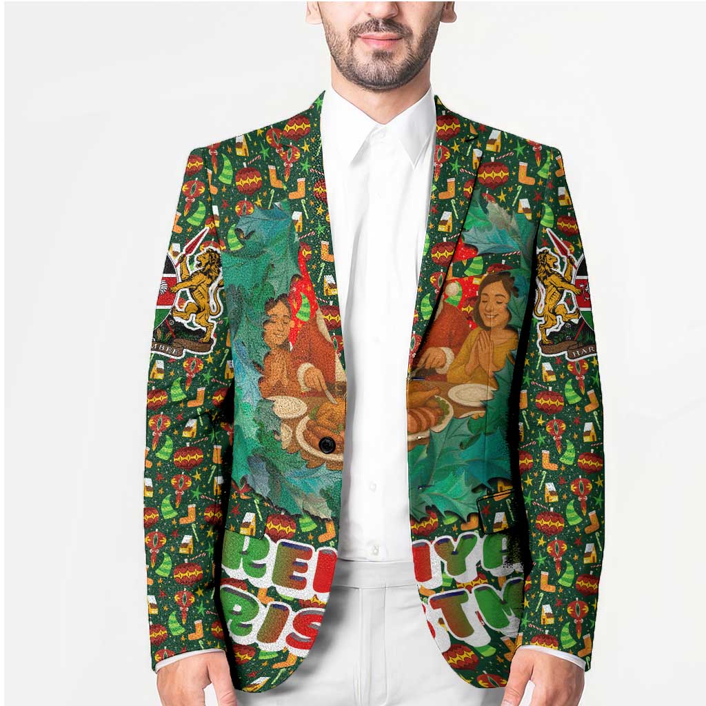 Kenya Christmas Blazer with Santa Feast Scene and Festive Wreath Pattern - Wonder Print Shop