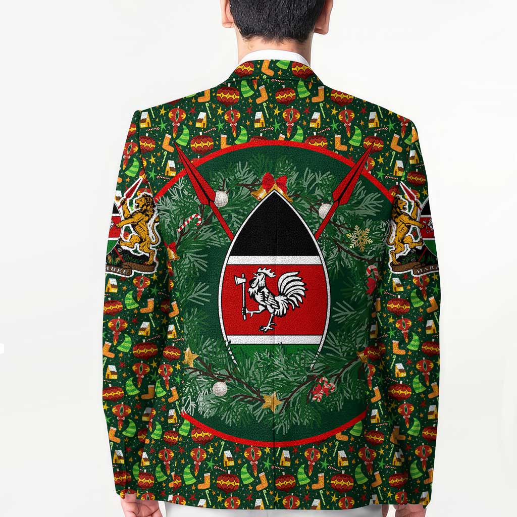 Kenya Christmas Blazer with Santa Feast Scene and Festive Wreath Pattern - Wonder Print Shop