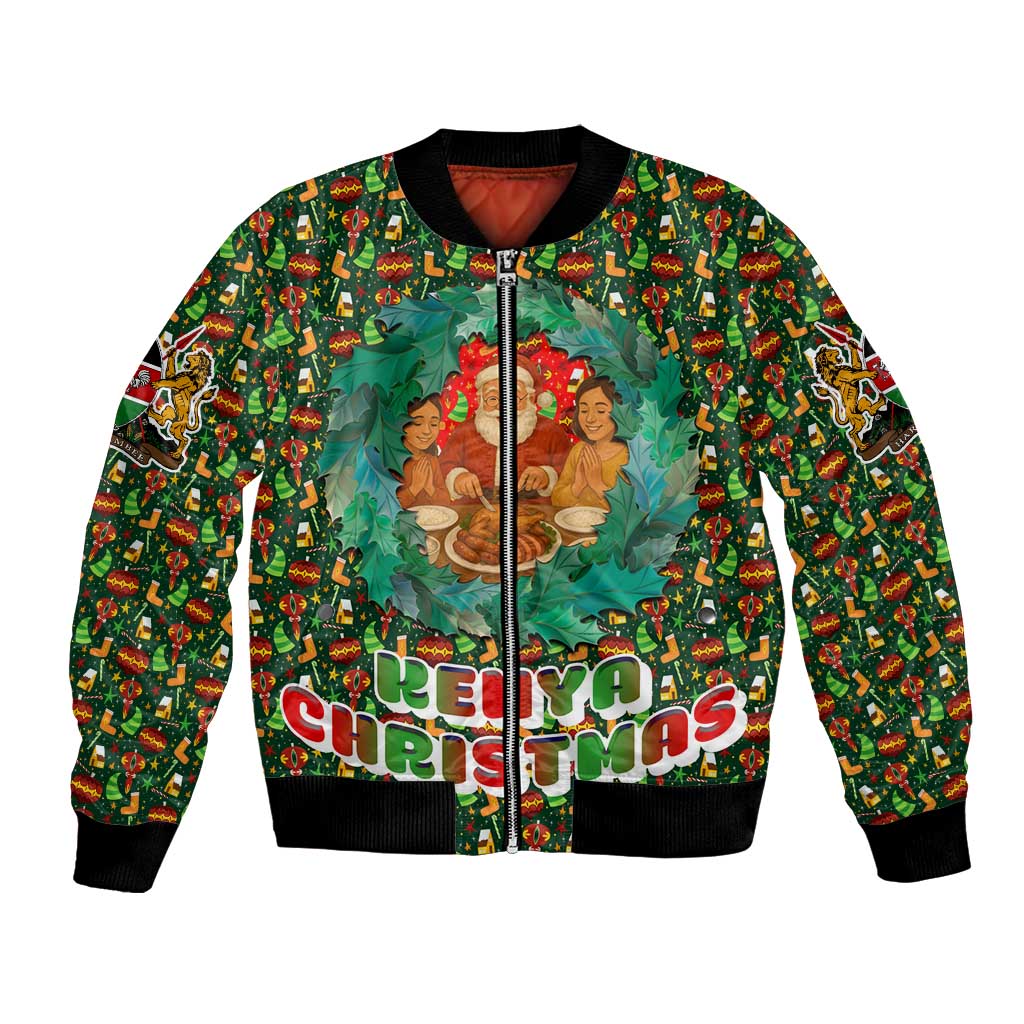 Kenya Christmas Bomber Jacket with Santa Feast Scene and Festive Wreath Pattern - Wonder Print Shop