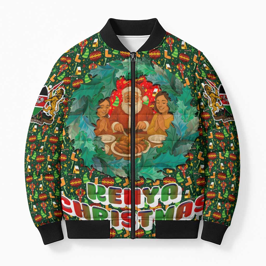 Kenya Christmas Bomber Puffer Jacket with Santa Feast Scene and Festive Wreath Pattern - Wonder Print Shop
