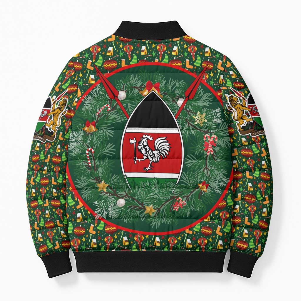 Kenya Christmas Bomber Puffer Jacket with Santa Feast Scene and Festive Wreath Pattern - Wonder Print Shop