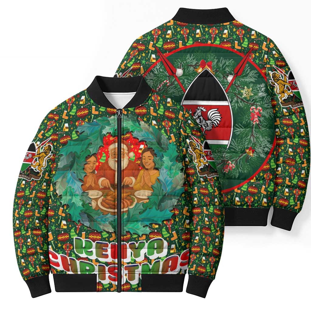 Kenya Christmas Bomber Puffer Jacket with Santa Feast Scene and Festive Wreath Pattern - Wonder Print Shop